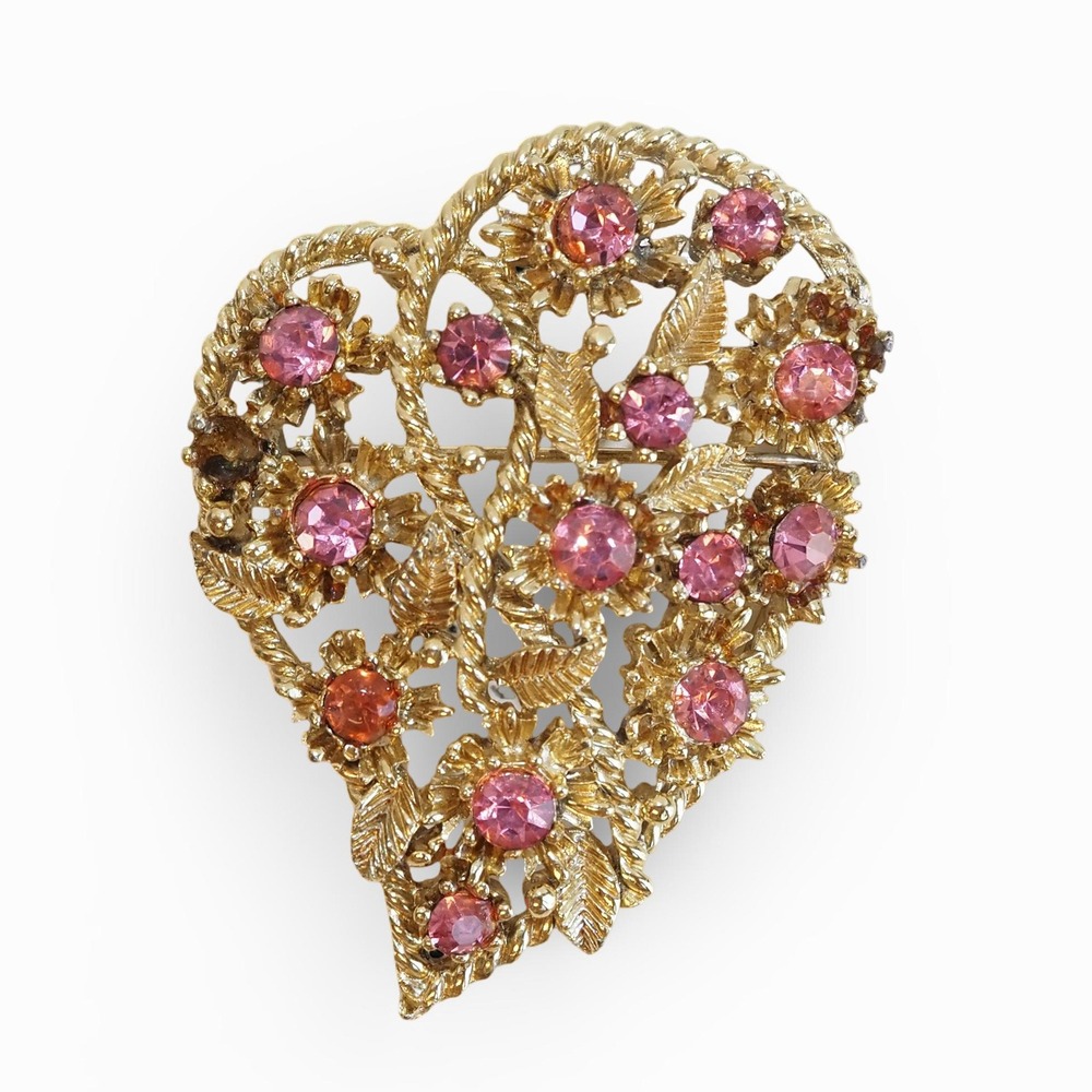 Vintage Pink Rhinestone Floral Brooch Gold Tone Openwork Heart Flower Leaf Pin